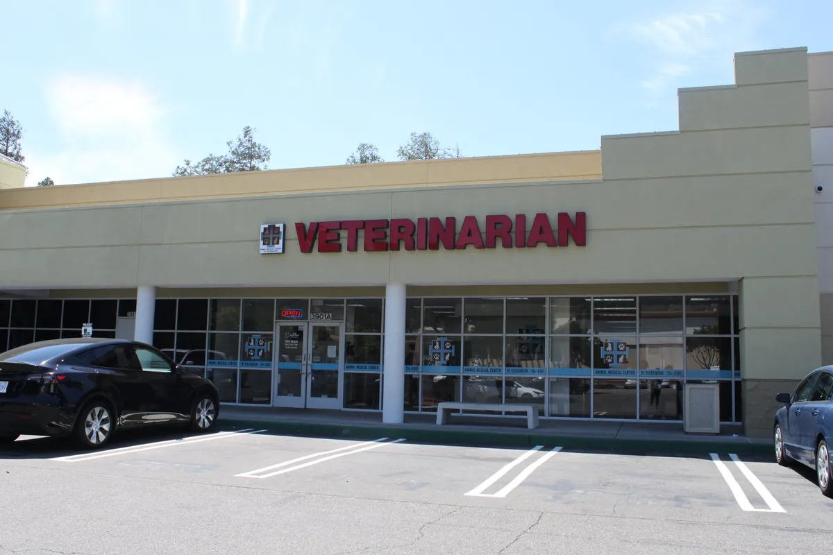 Veterinarian office exterior with VETERINARIAN signage and Animal Medical Center of Pleasanton branding.