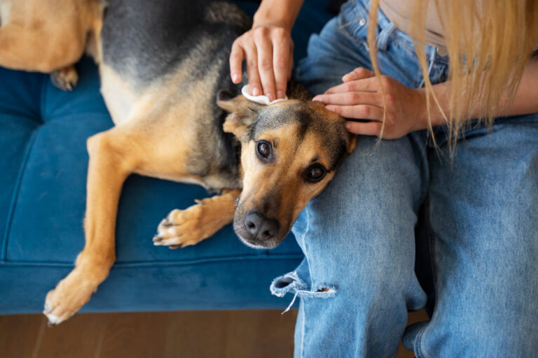 Person gently caring for a dog on a blue couch at Animal Medical Center of Pleasanton, highlighting allergy management.