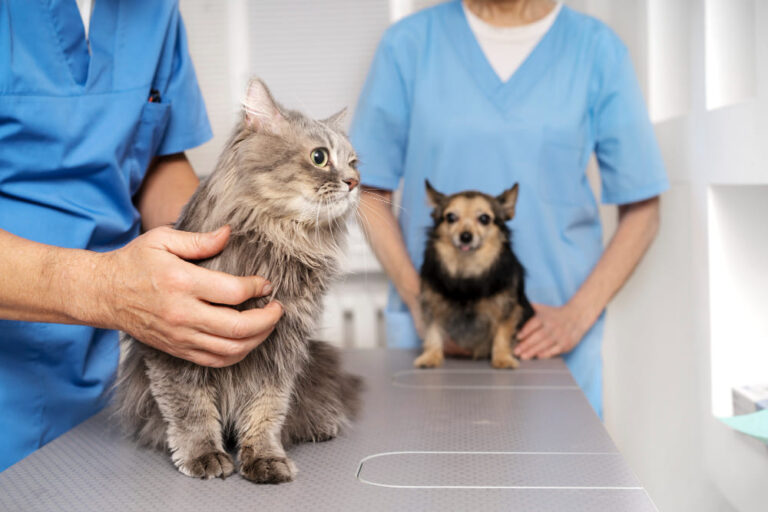 Veterinarian examining a fluffy gray cat while a small dog sits nearby at Animal Medical Center of Pleasanton.